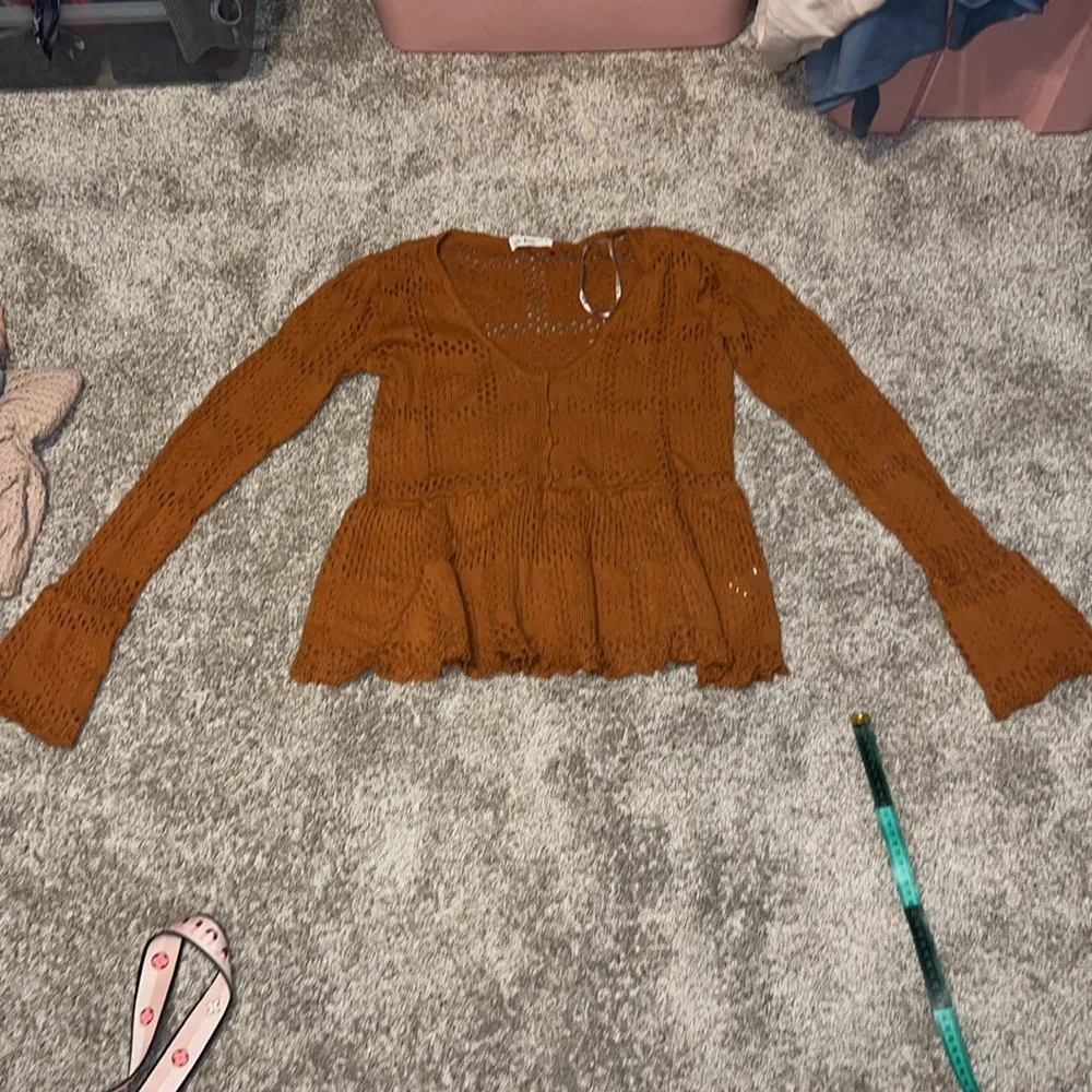 NWOT In Loom Penelope Pointelle Knit Sweater Pumpkin Size Small